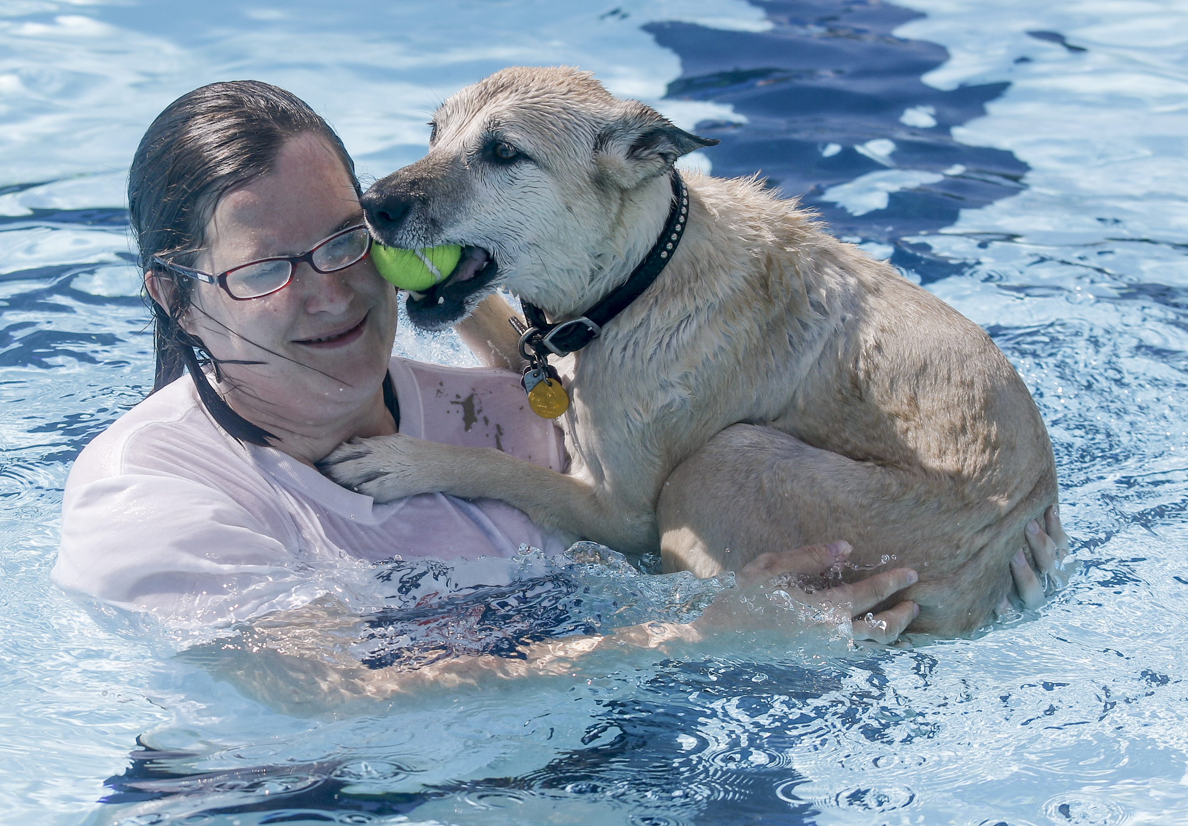 Above, Eureka snuggles up to Sarah Wiegand while playing ball in the water.