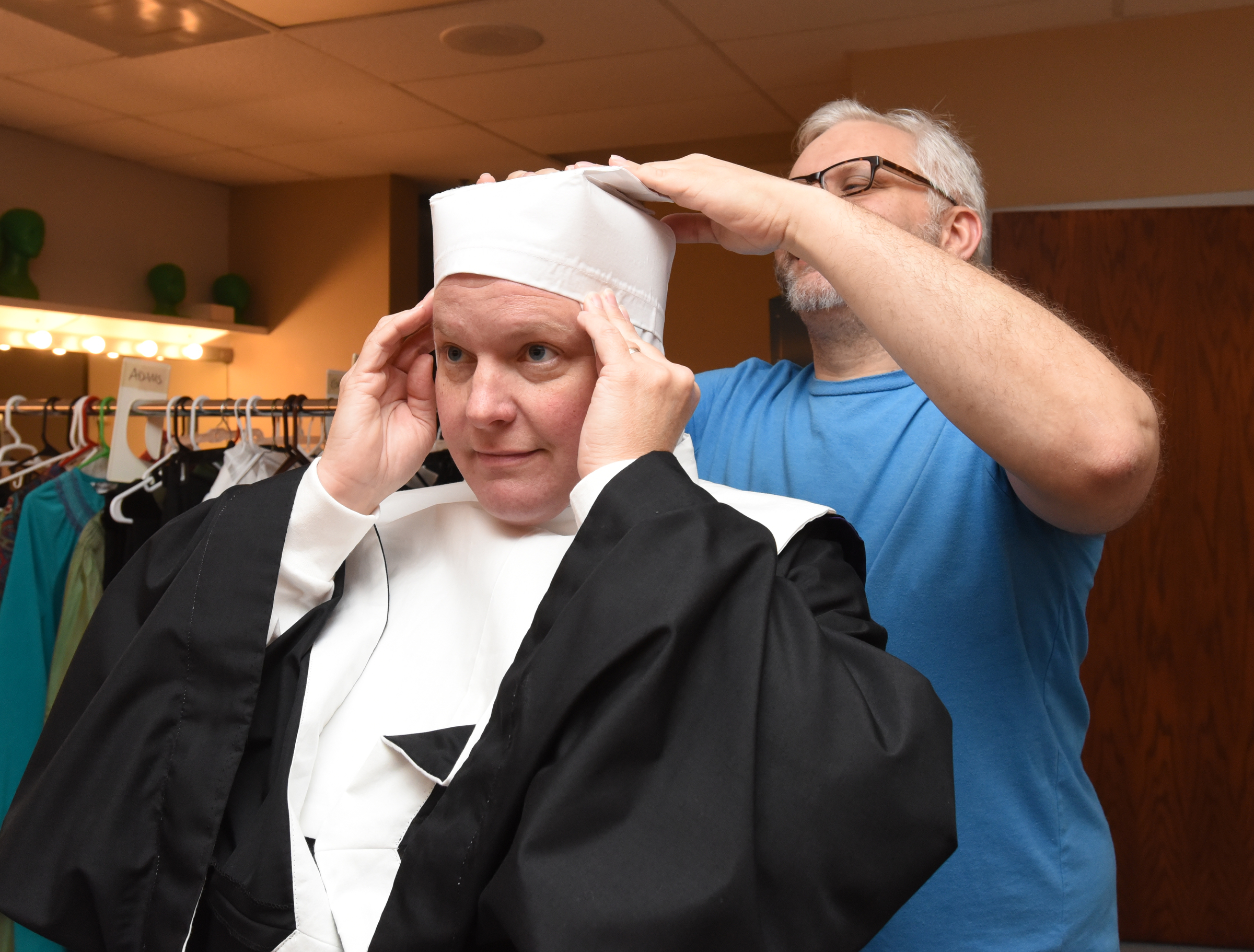 All the flaps of the coif have been turned down and Dunlap is working on the top so it will lay flat.