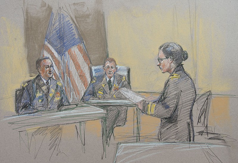 Capt. John Billings, left, is questioned before hearing officer Lt. Col. Mark A. Visger, center, by Maj. Margaret V. Kurz during a preliminary hearing Thursday, Sept. 17, 2015, at Fort Sam Houston in San Antonio, to determine if Army Sgt. Bowe Bergdahl will be court-martialed. Bergdahl, who left his post in Afghanistan and was held by the Taliban for five years, is charged with desertion and misbehavior before the enemy. 