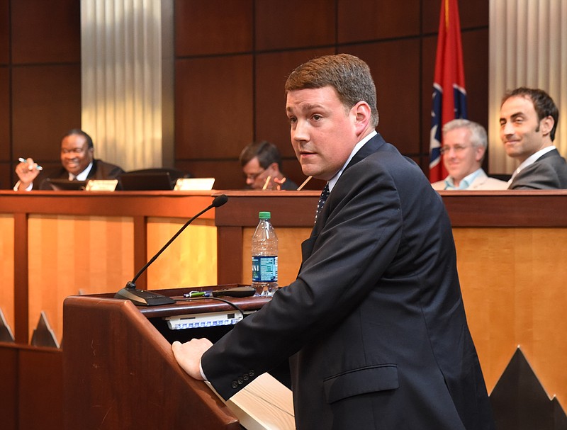 City of Chattanooga Chief Operations Officer Brent Goldberg defers to Chattanooga Police Chief Fred Fletcher concerning the Safer Streets budget area during his presentation of Mayor Andy Berke's 2016 Budget to the City Council .