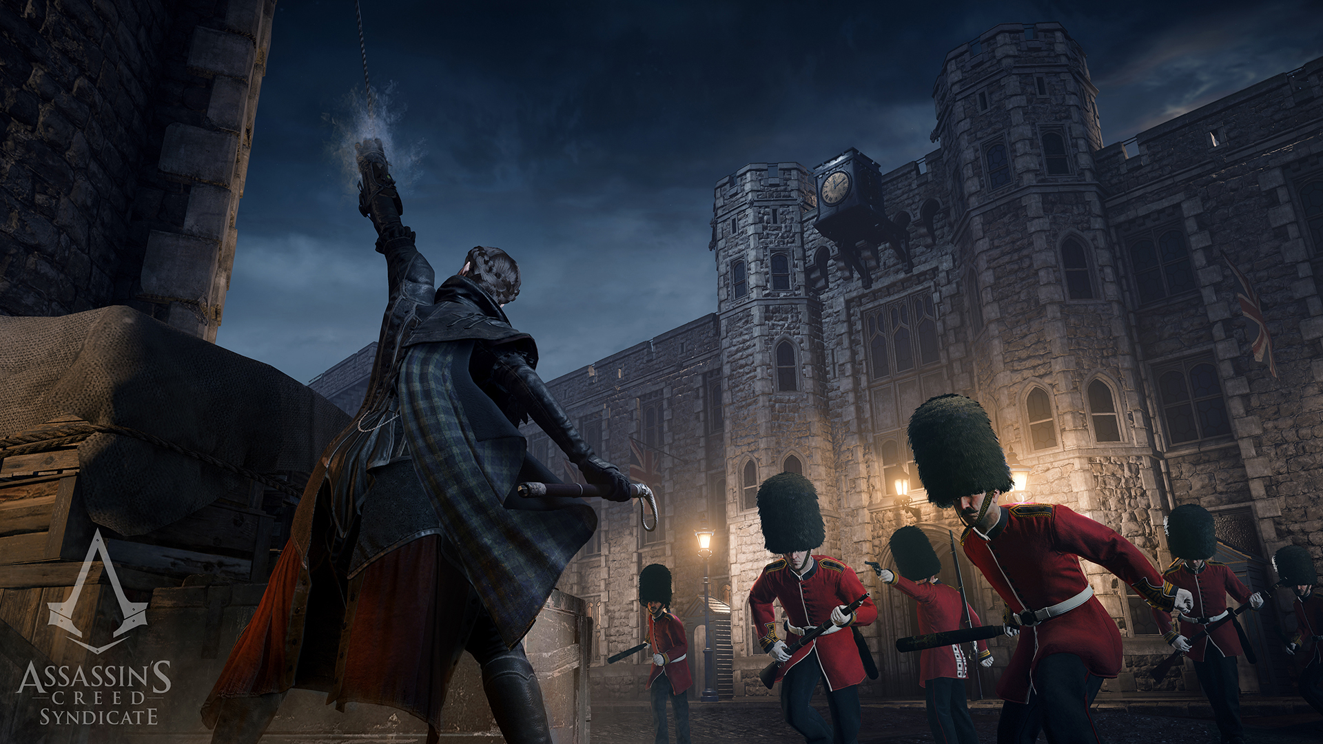 Via a rope launcher, players in