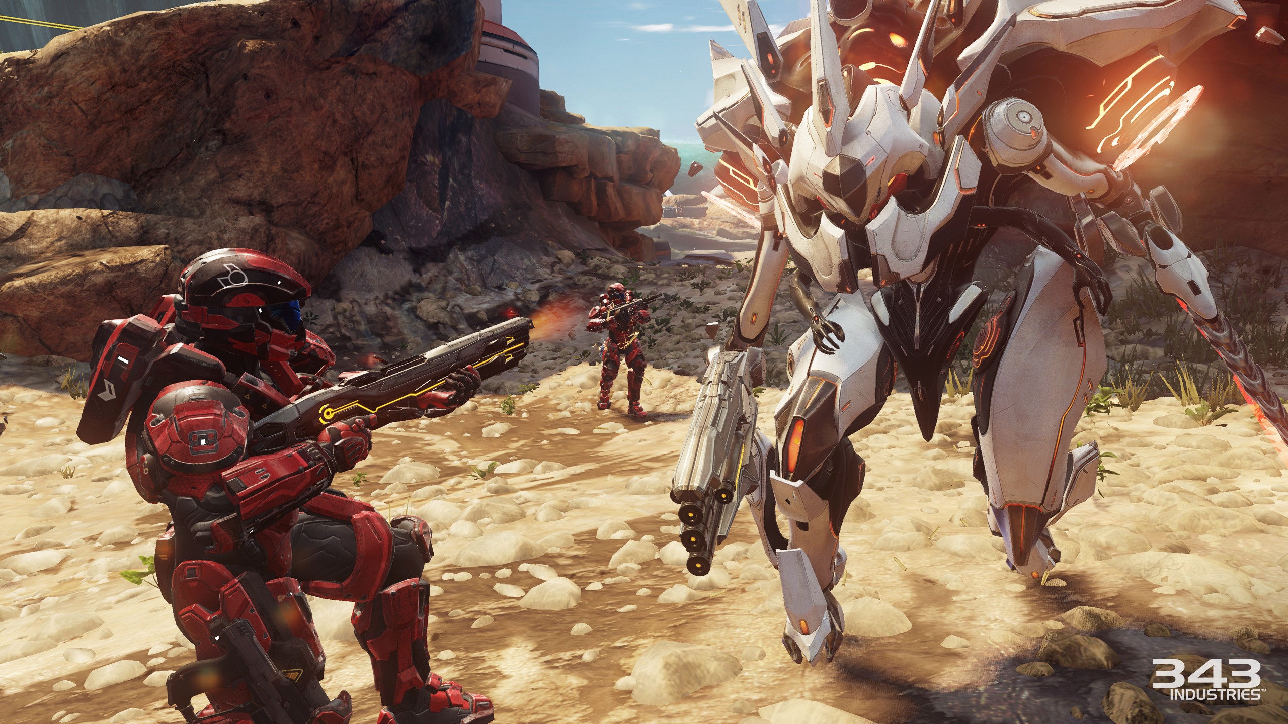 New to "Halo 5: Guardians," the Warzone multiplayer mode will support up to 24 player battles during which computer-controlled allies and enemies will dynamically drop into the fray to amp up the action. Matches will mix together Spartan soldiers with Covenant and Forerunner enemies. [Contributed image.]