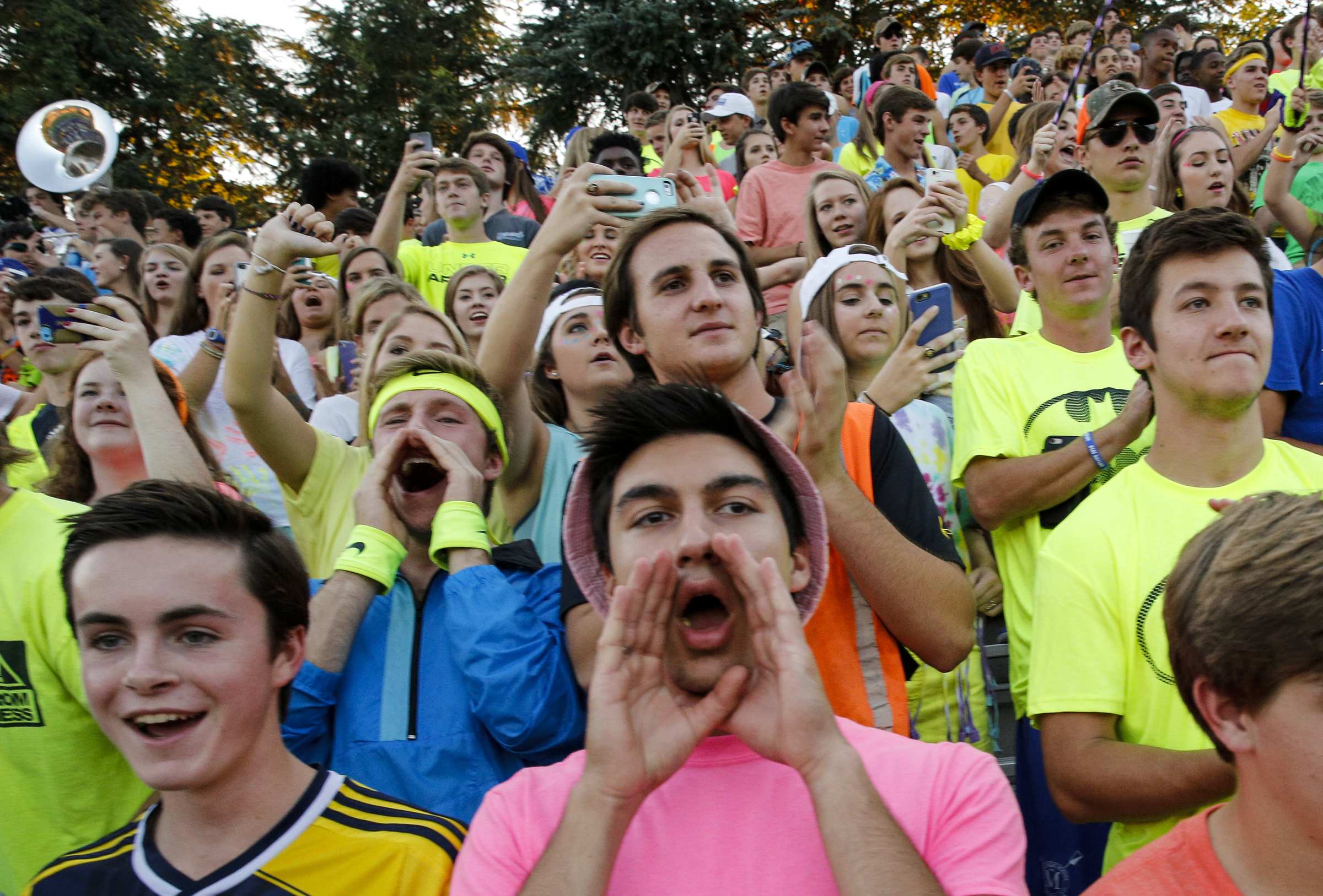The McCallie student section cheers as the team takes the field for the tornados' prep football game against Montgomery Bell Academy at McCallie School on Friday, Sept. 18, 2015, in Chattanooga, Tenn.
