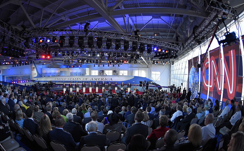 The candidates stand at their podiums during the CNN Republican presidential debate at the Ronald Reagan Presidential Library and Museum last week in Simi Valley, Calif.