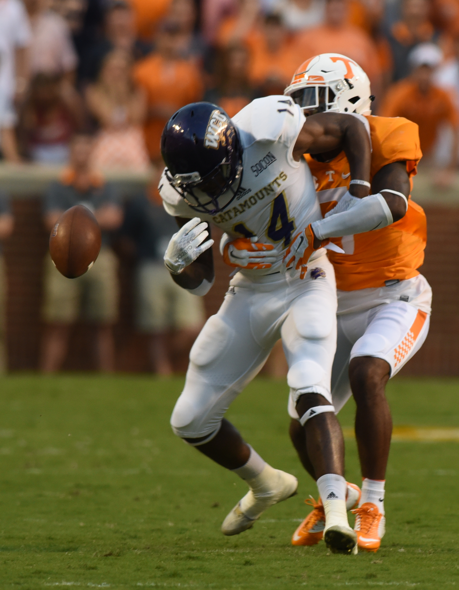 UT's Cameron Sutton tackles Western Carolina's Karnorris Benson, forcing a fumble which was recovered by UT Saturday, September 19, 2015 at Neyland Stadium in Knoxville, Tenn.