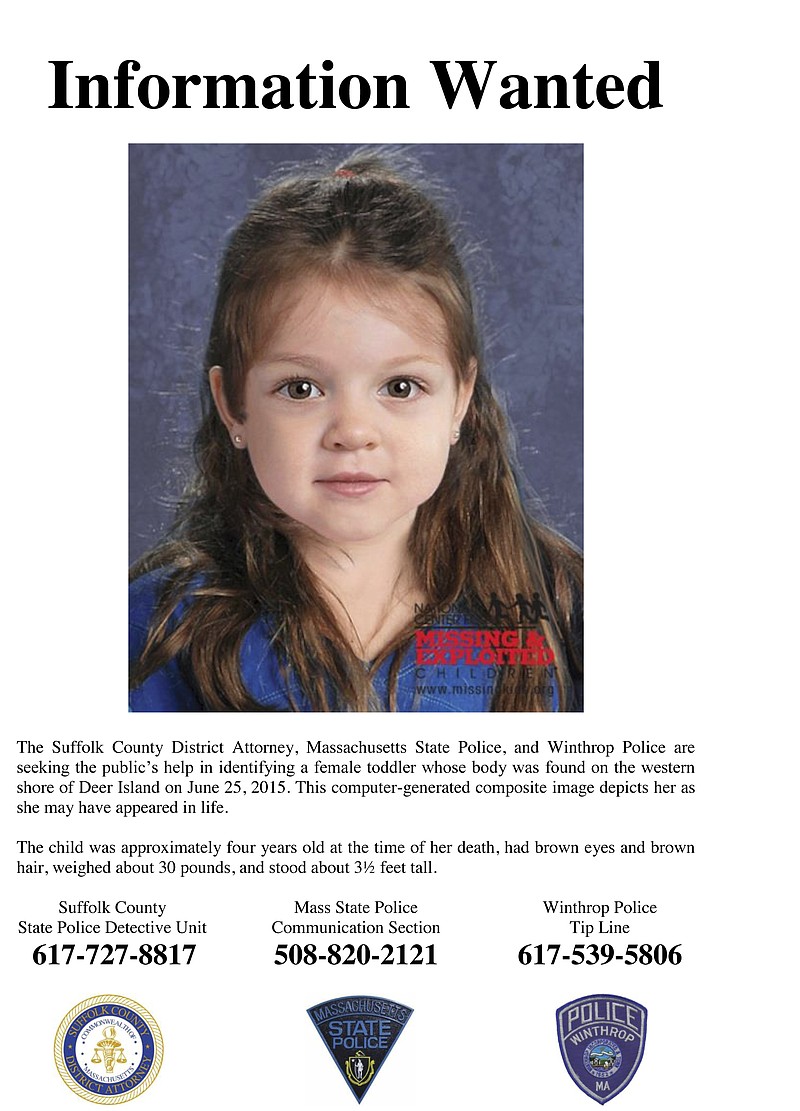 
              FILE - This undated flyer released Thursday, July 9, 2015, by the Suffolk County Massachusetts District Attorney includes a computer-generated composite image depicting the possible likeness of a young girl whose body was found on the shore of Deer Island in Boston Harbor on June 25, 2015. A law enforcement official told The Associated Press Friday, Sept. 18, 2015, that authorities have identified the little girl.  (Suffolk County District Attorney via AP, File)
            