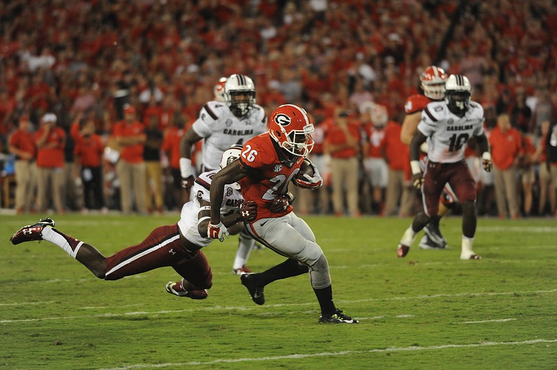 Georgia fifth-year receiver Malcolm Mitchell had eight catches for 122 yards and a touchdown Saturday night against South Carolina.