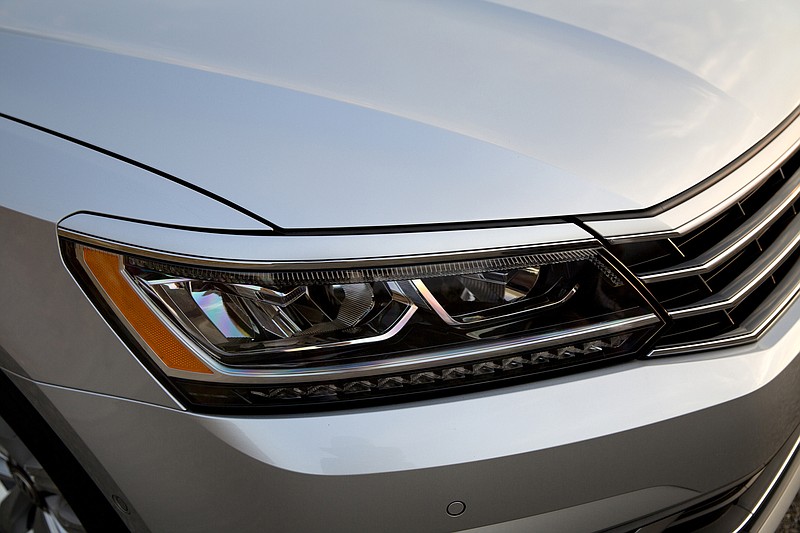 The front headlights and grill of the redesigned version of the Chattanooga-made Passat for the 2016 model year is shown.