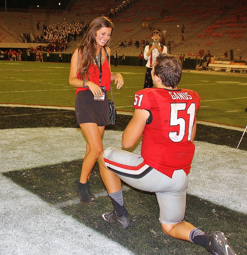 After leading Georgia last Saturday night with seven tackles, senior inside linebacker Jake Ganus proposed to longtime girlfriend Peyton Thomas.