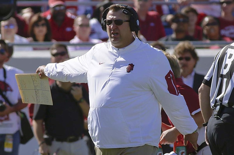 Arkansas coach Bret Bielema will try to lead his Razorbacks to a win against Texas A&M in Southeastern Conference play this week after back-to-back losses to Toledo and Texas Tech.