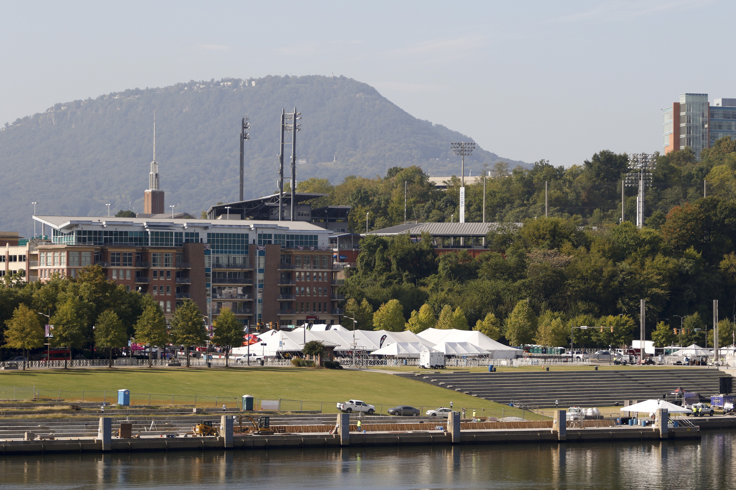 Athletes make their way to the waterfront in preparation for the second annual Ironman Chattanooga triathlon which took take place Sunday, September 27, 2015.