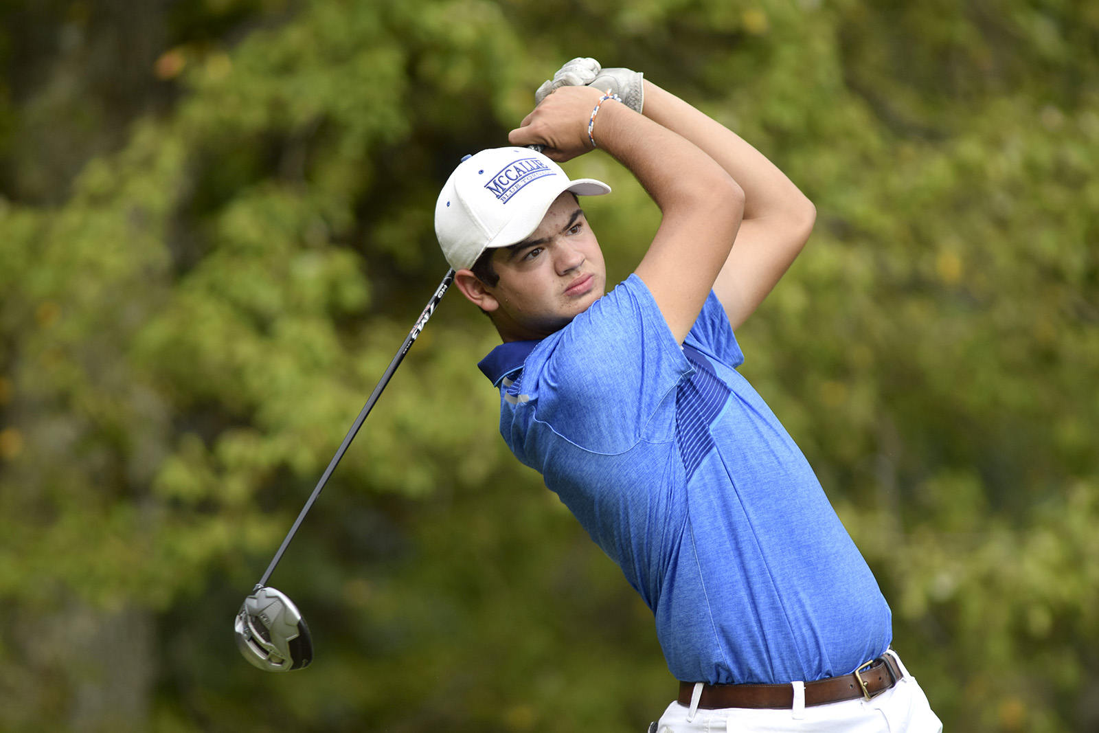 McCallie's Evan Spence watches his tee shot.  Baylor faced McCallie in match play golf at the Lookout Mountain Golf Club on Thursday, September 24, 2015.