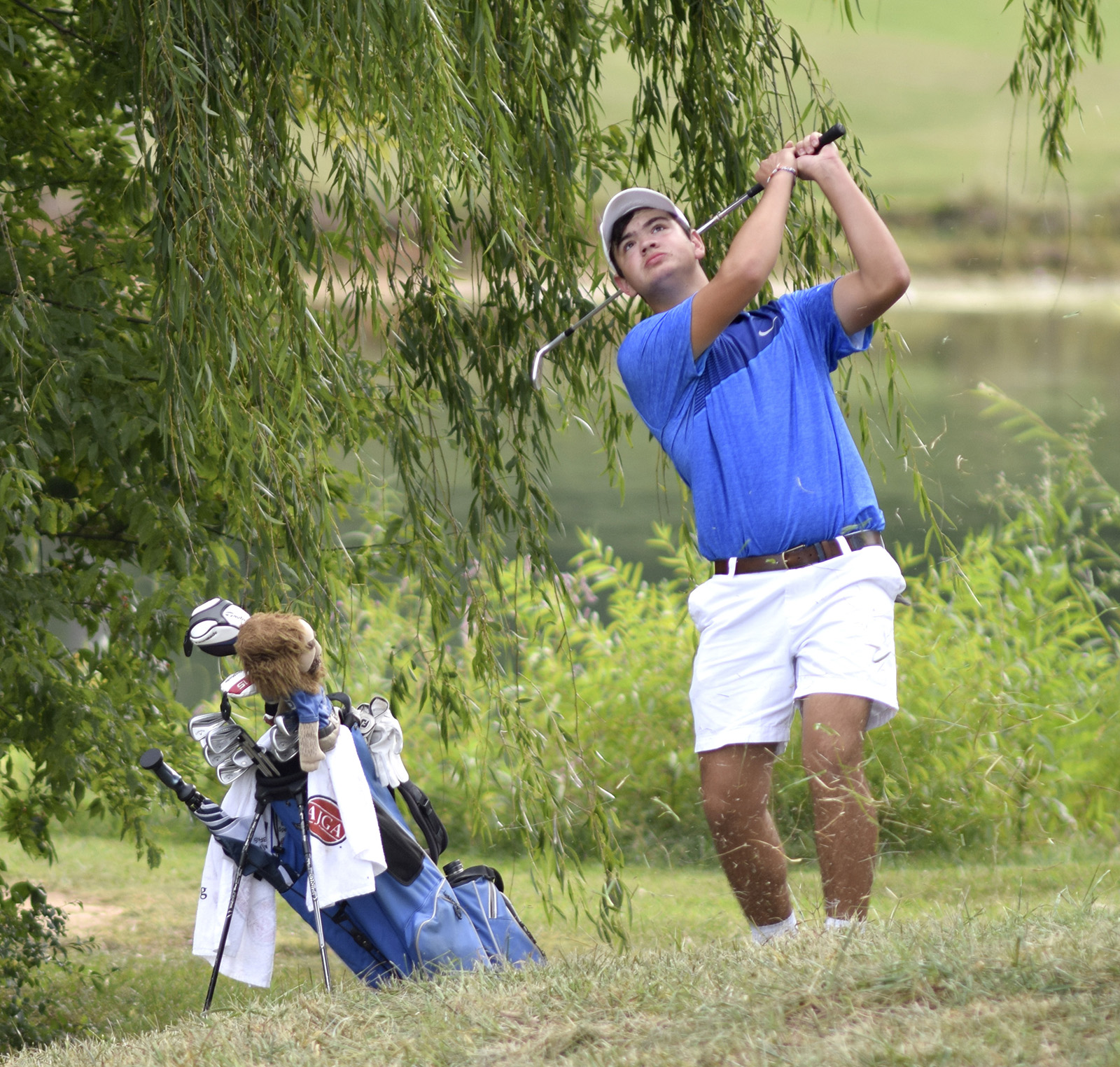McCallie's Evan Spence watches the flight of his chip shot.  Baylor faced McCallie in match play golf at the Lookout Mountain Golf Club on Thursday, September 24, 2015.