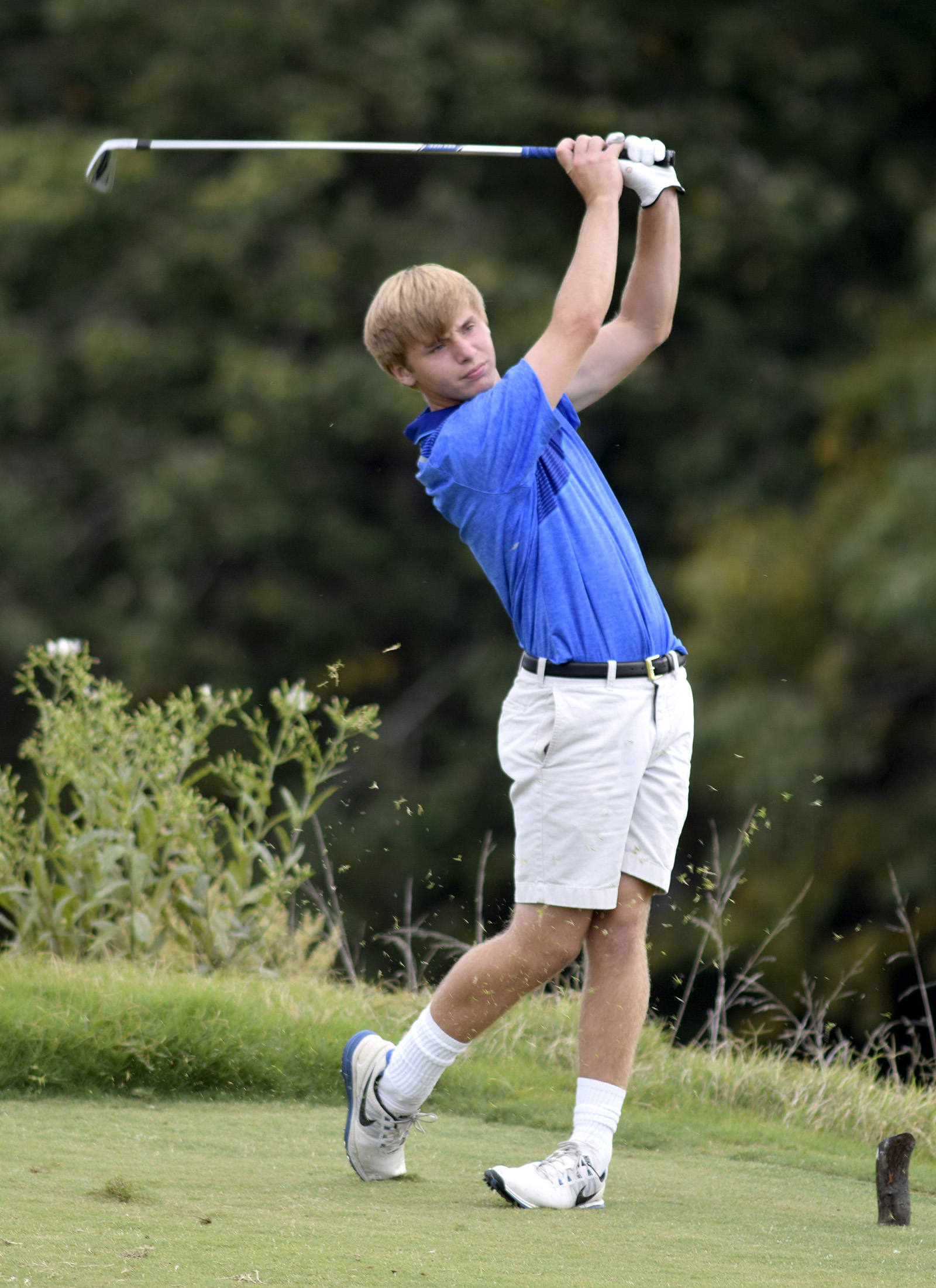 McCallie's Crawford Collett wathces his drive.  Baylor faced McCallie in match play golf at the Lookout Mountain Golf Club on Thursday, September 24, 2015.