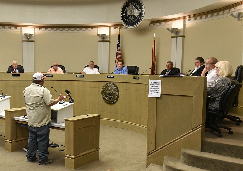 Former Superior Creek Lodge resident Ben Strickland, who presented a petition to keep the recently condemned business closed, speaks during the East Ridge City Council meeting on Thursday in East Ridge, Tenn.