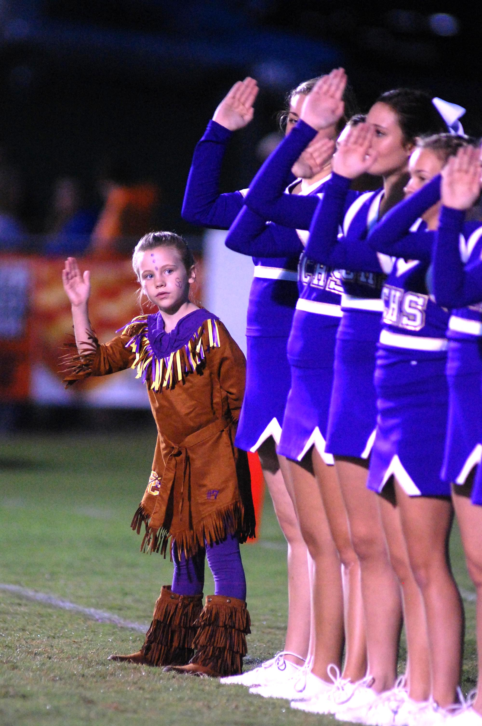 The Sequatchie County minature mascot attempts to stay in time as the cheerleaders do the tomahawk chop. The Bledsoe County Warriors visited the Sequatchie County Indians in TSSAA football action Saturday September 25, 2015.
