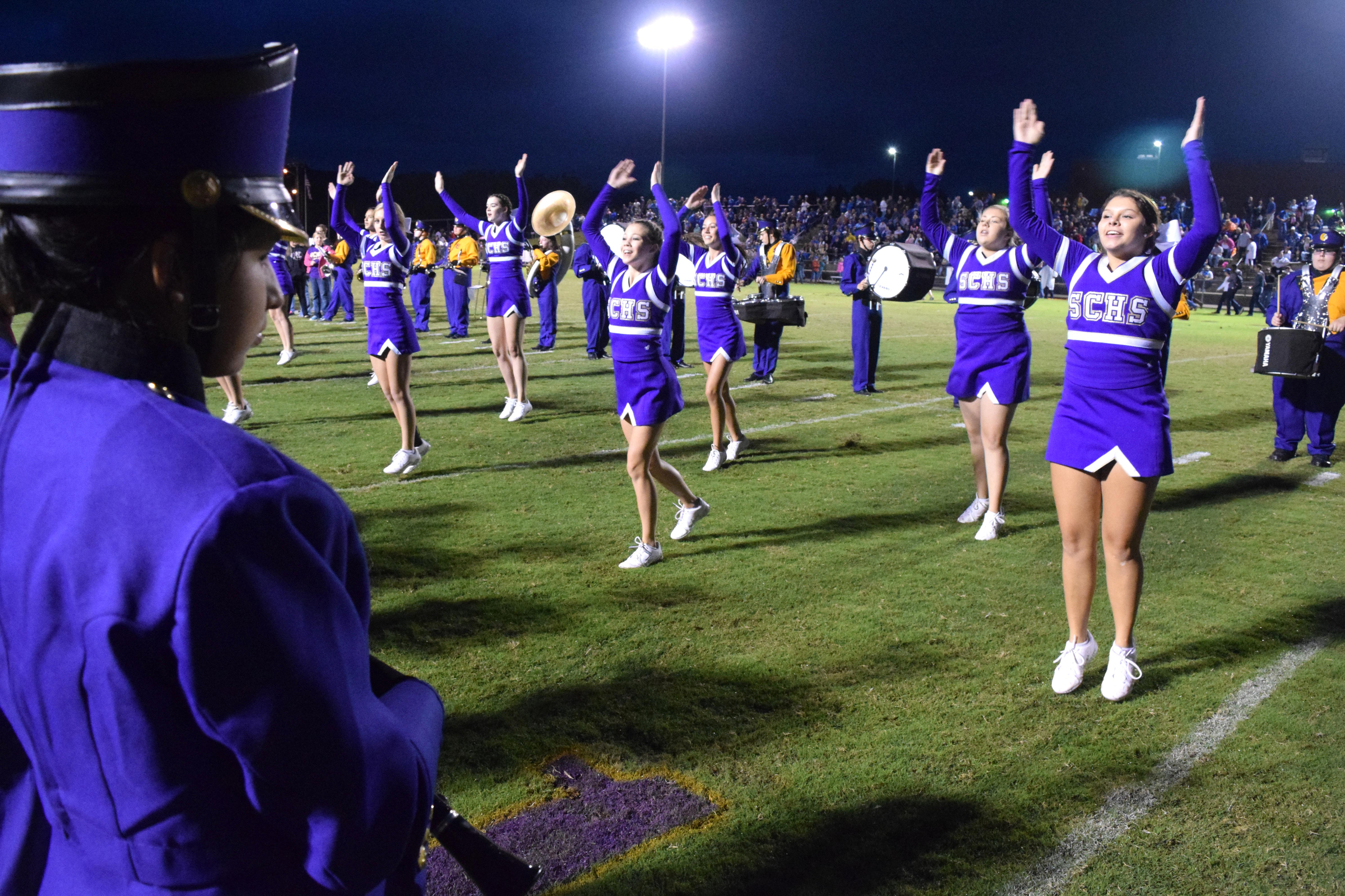 The Sequatchie County cheerleaders spark the crowd before the Indians take the field. The Bledsoe County Warriors visited the Sequatchie County Indians in TSSAA football action Saturday September 25, 2015.