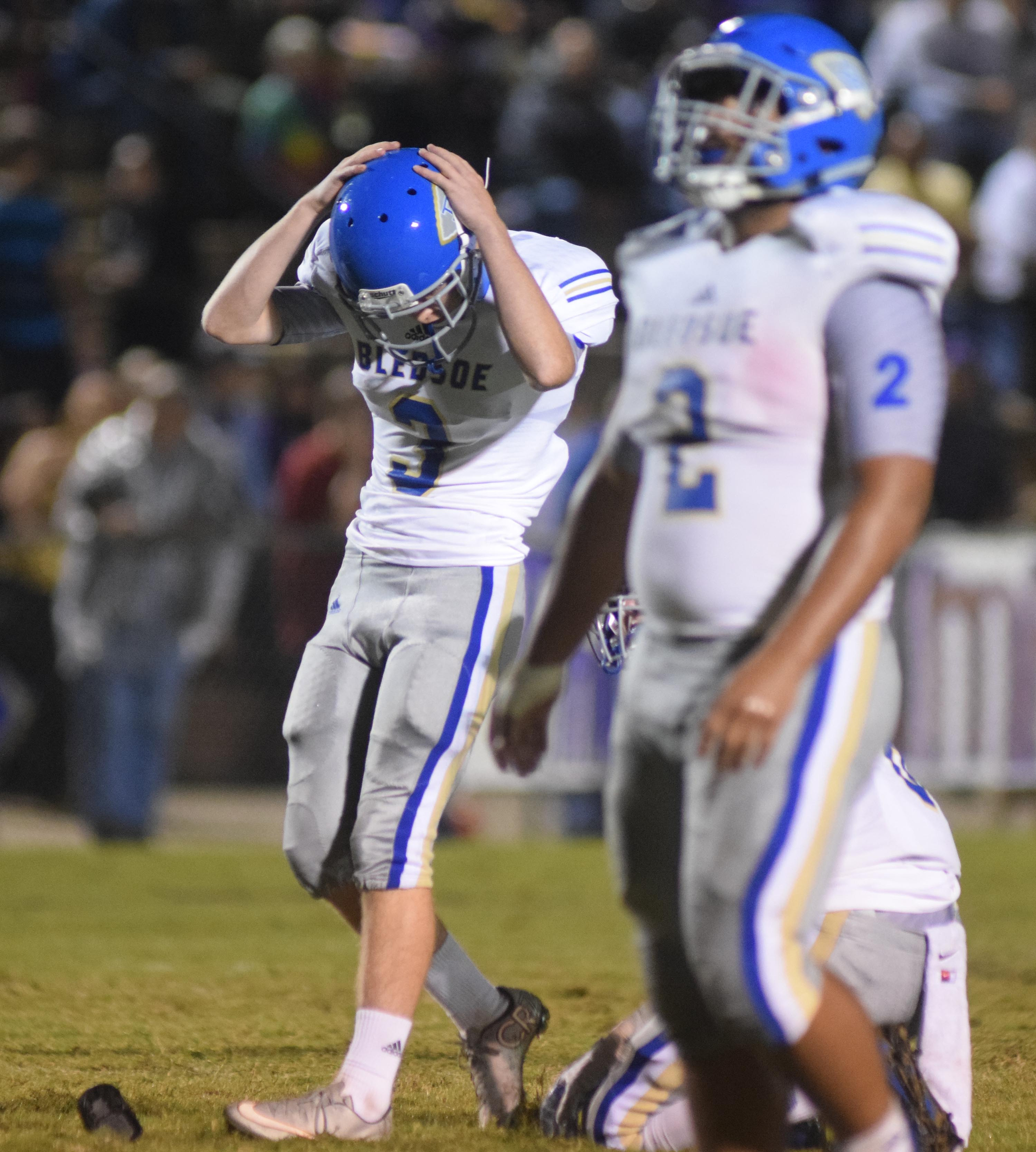 Bledsoe County kicker Boring Gabe (3) reacts after missing a field goal attempt. The Bledsoe County Warriors visited the Sequatchie County Indians in TSSAA football action Saturday September 25, 2015.