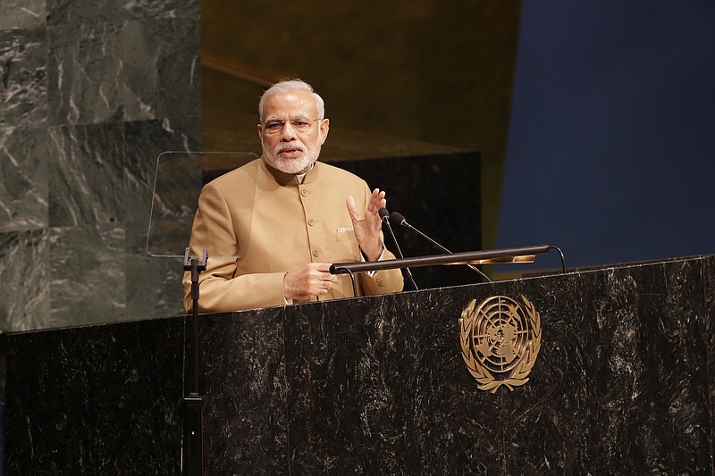 
              India Prime Minister Narendra Modi addresses the Sustainable Development Summit 2015, Friday, Sept. 25, 2015 at United Nations headquarters.  (AP Photo/Mary Altaffer)
            