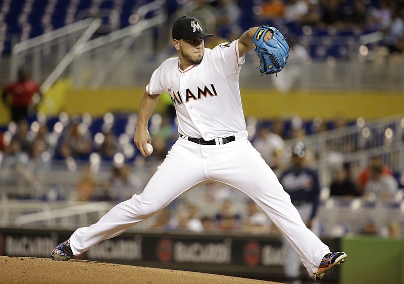 Miami Marlins starting pitcher Jose Fernandez throws in the first inning of a baseball game against the Atlanta Braves, Friday, Sept. 25, 2015, in Miami. 