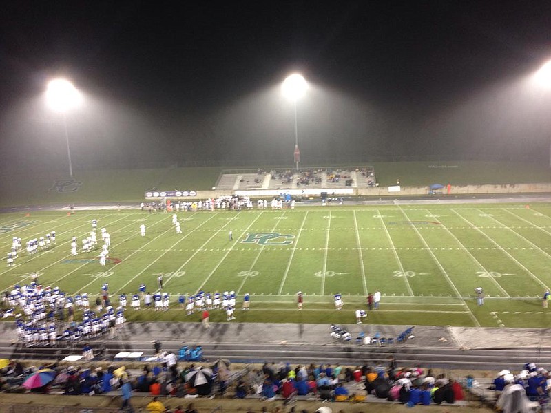 The fog has moved in to Bailey Memorial Stadium in Clinton South Carolina.