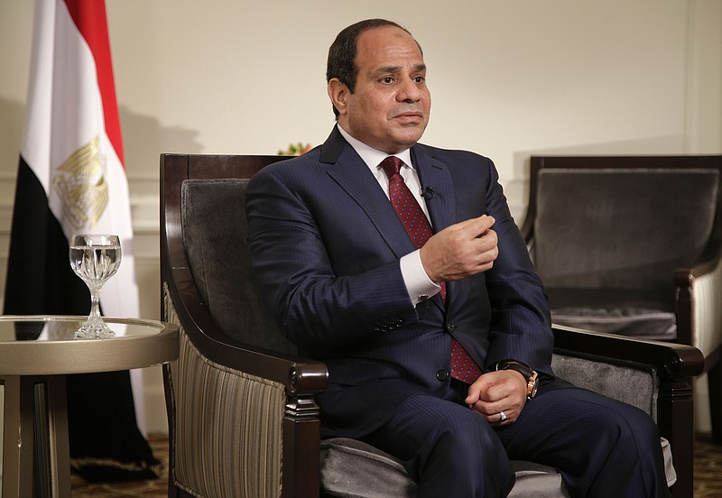 
              Egyptian President Abdel Fattah el-Sisi answers questions during an interview, Saturday, Sept. 26, 2015, in New York. Sisi discussed various issues including Egypt's role in the Middle East, his country's work on an expansion project to the Suez Canal, and relations with the United States. (AP Photo/Julie Jacobson)
            