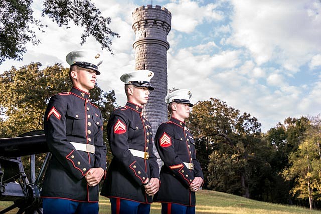 Shown at the Chickamauga Battlefield are, from left, U.S. Marine Corps brothers Private First Class Chenaniah Lewis, Corporal Aaron Lewis and Sergeant Zachary Lewis.