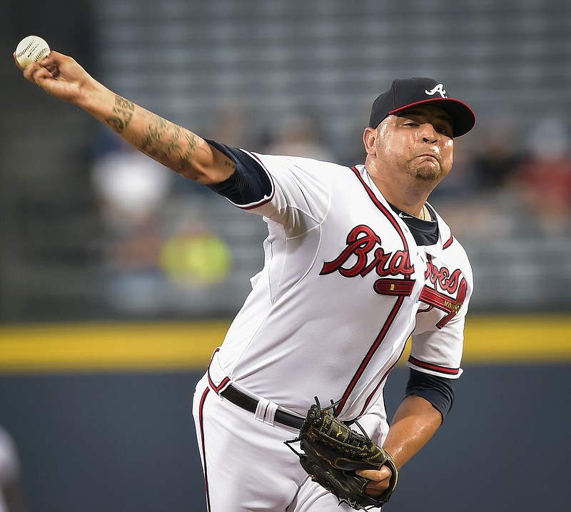 Atlanta Braves starting pitcher Williams Perez works in the first inning of a baseball game against the Washington Nationals, Wednesday, Sept. 30, 2015, in Atlanta. 