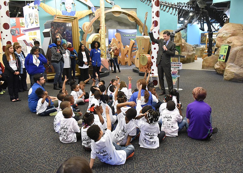 Chattanooga Mayor Andy Berke asks a question to HeadStart and pre-K students from Cedar Hill and Avondale during a news conference at the Creative Discovery Museum in March.