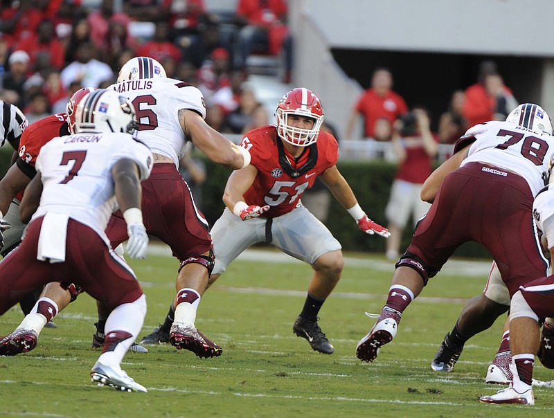 Georgia senior inside linebacker Jake Ganus (51) could have his hands full Saturday with Alabama's between-the-tackles running game headed by junior tailback Derrick Henry.