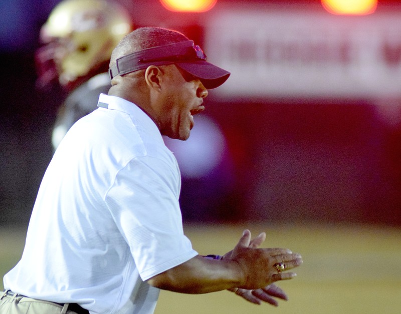 Howard head coach Mark Teague encourages his Tigers.  The Brainerd Panthers visited the Howard Hustlin Tigers in TSSAA football action Friday Night.