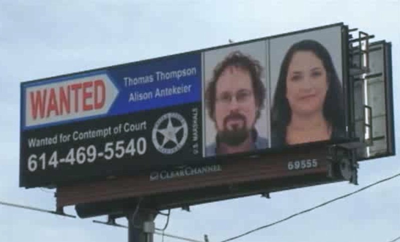 
              FILE - This file image from undated video provided by WSYX-TV shows the wanted billboard for ex-fugitive deep-sea treasure hunter Tommy Thompson, left, and his longtime female companion Alison Antekeier, right. Antekeier faces up to three years on probation, but no prison time, when U.S. District Judge Algenon Marbley sentences her Friday, Oct. 2, 2015, following her guilty plea to one count of contempt of court earlier this year. She was apprehended in January at a hotel where she and Thompson were living near Boca Raton, Fla.,, and Thompson's sentencing is scheduled Oct. 29, 2015. (WSYX-TV via AP, File)
            
