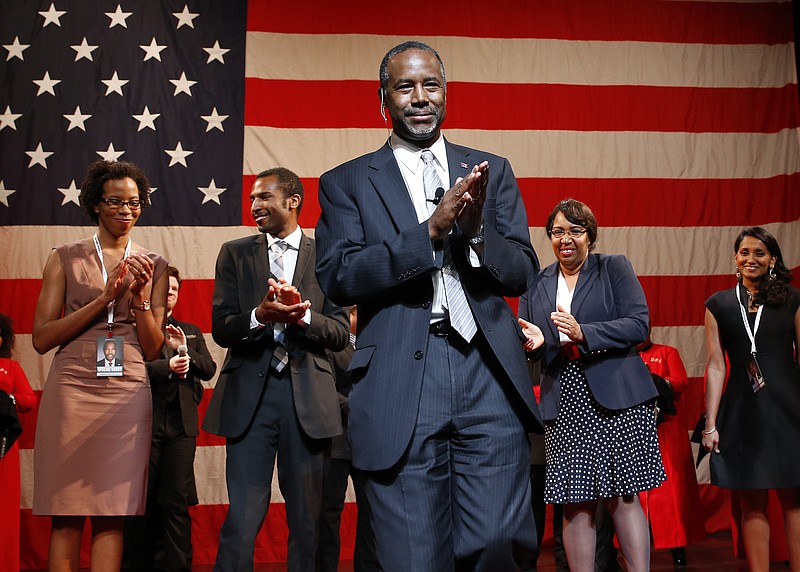 Ben Carson announces his candidacy for president during an official announcement in Detroit, Monday, May 4, 2015. Carson, 63, a retired neurosurgeon, begins the Republican primary as an underdog in a campaign expected to feature several seasoned politicians. (AP Photo/Paul Sancya)