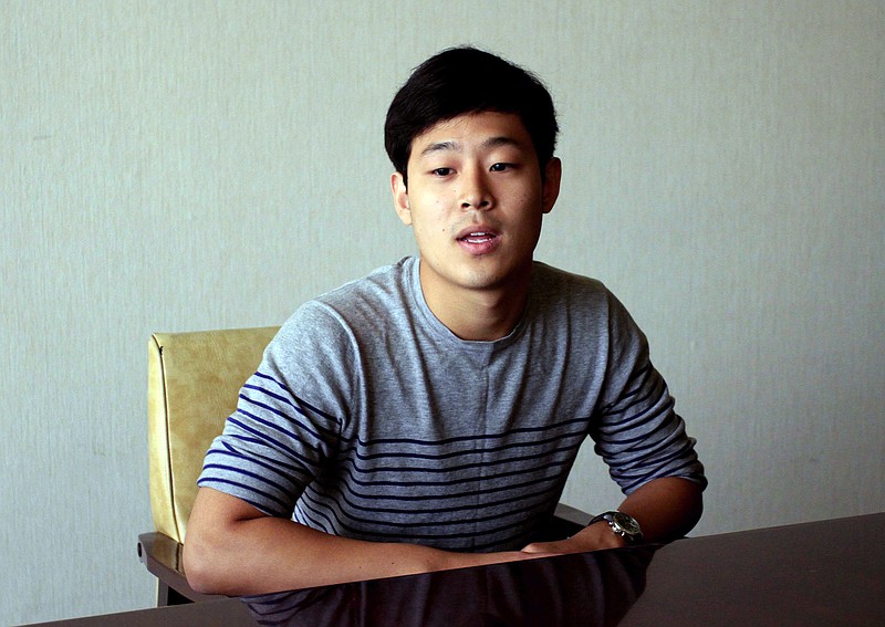 Joo Won-moon, a South Korean student at New York University, is interviewed at the Koryo Hotel in Pyongyang, North Korea, in this July 14, 2015, file photo. Joo, South Korean citizen and resident of the U.S. who has been detained in North Korea for five months, was presented to the media in Pyongyang on Friday, Sept. 25, and said he has not been able to contact his family but wanted them to know he is healthy.