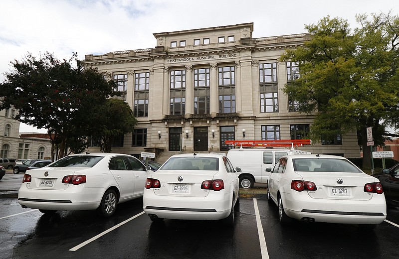 Volkswagen TDI government vehicles, like those whose emissions numbers were impacted by the carmakers's software work-around, are parked across the street from Chattanooga's City Hall.