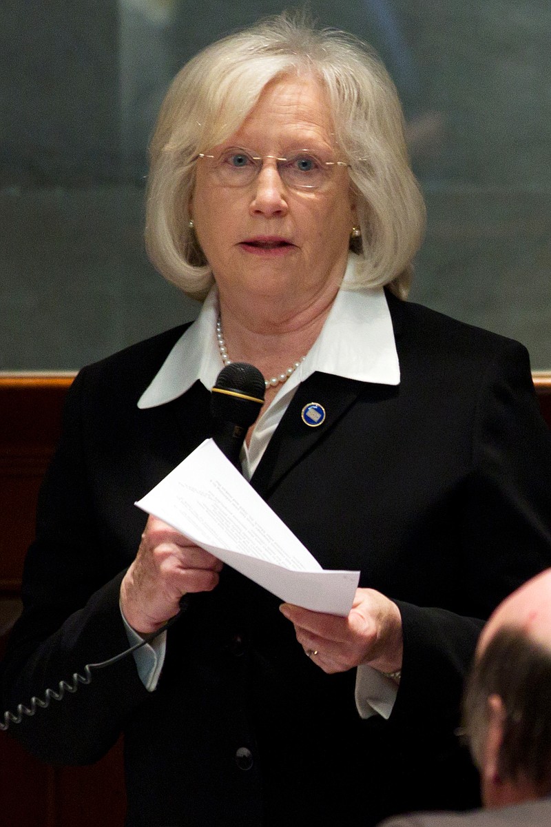 FILE - In this Feb. 1, 2012 file photo, Sen. Mae Beavers, R-Mount Juliet, describes her bill seeking to add more offenses to the state's methamphetamine offender registry during a Senate floor session Nashville, Tenn. Beavers helped craft legislation this session that would terminate the Court of the Judiciary in July and replace it with a 16-member Board of Judicial Conduct. (AP Photo/Erik Schelzig, File)