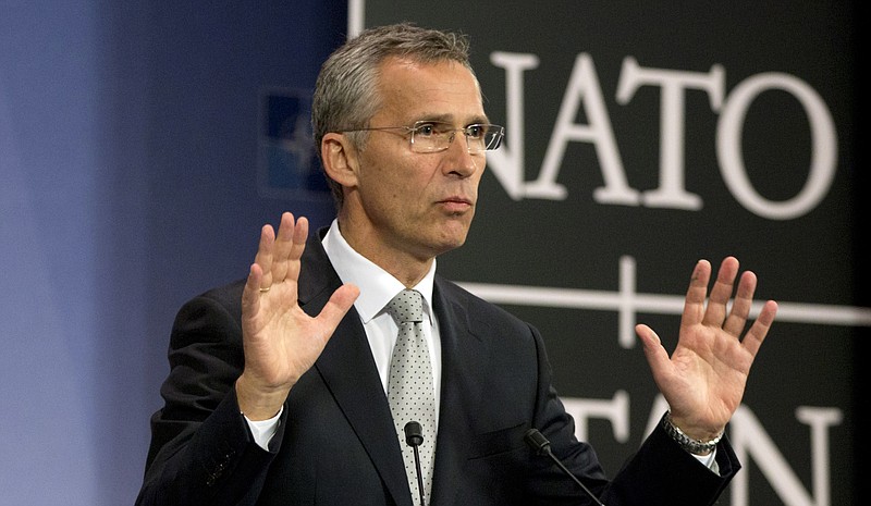 
              NATO Secretary General Jens Stoltenberg speaks during a media conference at NATO headquarters in Brussels on Tuesday, Oct. 6, 2015. NATO defense ministers will meet on Thursday, Oct. 8, 2015 to discuss, among other issues, the situation after a Russian fighter jet entered Turkish airspace from Syria over the weekend. (AP Photo/Virginia Mayo)
            