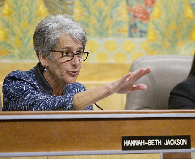
              FILE - In this April 28, 2015, file photo, Senate Judiciary chairwoman Hannah-Beth Jackson, D- Santa Barbara, gestures during a hearing on the mandatory vaccination bill SB277 at the Capitol in Sacramento, Calif. Female workers in California are getting new tools to challenge gender-based wage gaps under legislation signed Tuesday, Oct. 6, 2015, by Gov. Jerry Brown. The legislation by Sen. Jackson of Santa Barbara lets female employees allege pay discrimination based on the wages a company pays to other employees who do substantially similar work. (AP Photo/Steve Yeater, File)
            
