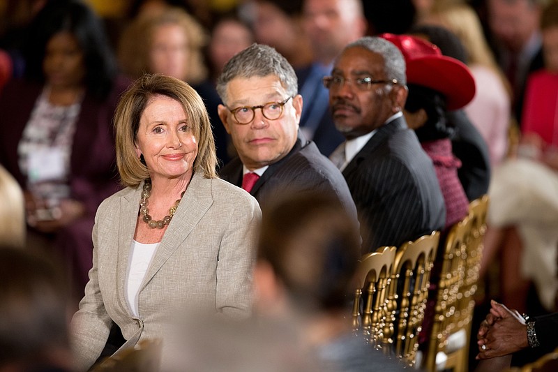 
              House Minority Leader Nancy Pelosi of Calif., left, Sen. Al Franken, D-Minn., and others, wait for President Barack Obama to speak at the White House Summit on Worker Voice, Wednesday, Oct. 7, 2015, in the East Room of the White House in Washington. The summit is an effort to bring together workers, union leaders, worker advocates, and businesses to explore ways to ensure that working Americans are fully sharing in the benefits of the broad-based economic growth that they are helping to create. (AP Photo/Andrew Harnik)
            