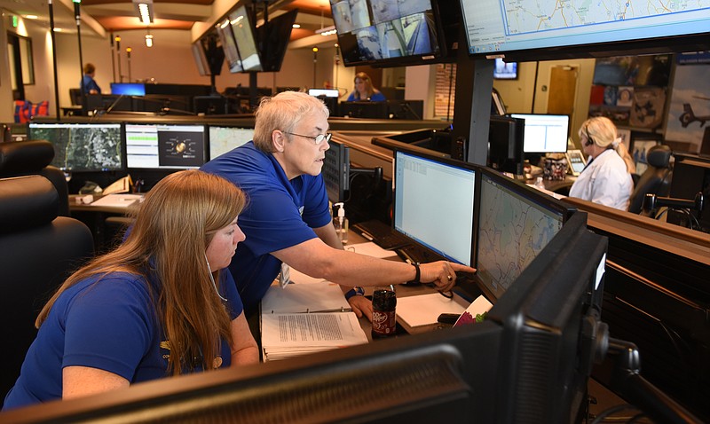 Communications specialists and paramedics Amy Bovell, left, and Doris White work in Erlanger's control room Tuesday, October 6, 2015.