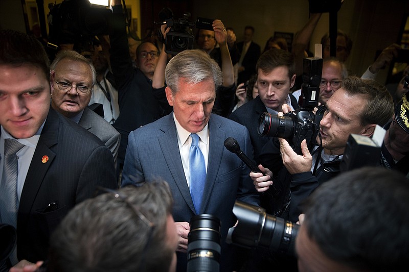 House Majority Leader Kevin McCarthy (R-Calif.) speaks to reporters after he dropped out of the race for speaker of the House.