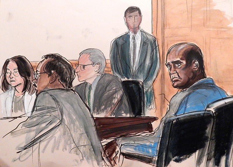 
              FILE - In this Oct. 6, 2015, courtroom sketch, defendant John Ashe, right, sits in court during his arraignment on bribery charges in New York, Tuesday, Oct. 6, 2015. The former president of the United Nations General Assembly turned the world body into a "platform for profit" by accepting over $1 million in bribes from a billionaire Chinese real estate mogul and other businesspeople to pave the way for lucrative investments, a prosecutor charged Tuesday. Seated from left are co-defendant Sheri Yan, defense attorney Robert Van Lierop and defense attorney Mark Kirsch. (Elizabeth Williams via AP, File)
            