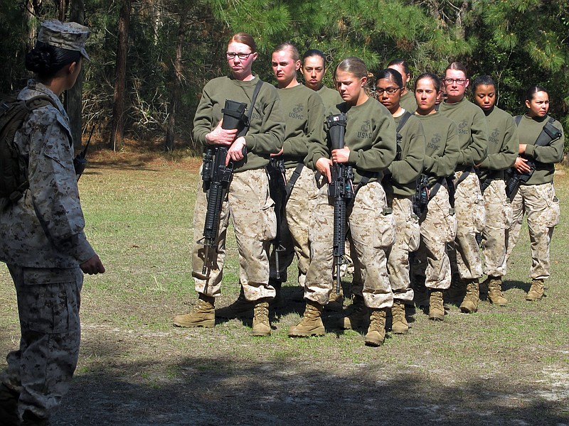 This Feb. 21, 2013, file photo shows female recruits at the Marine Corps Training Depot on Parris Island, S.C.