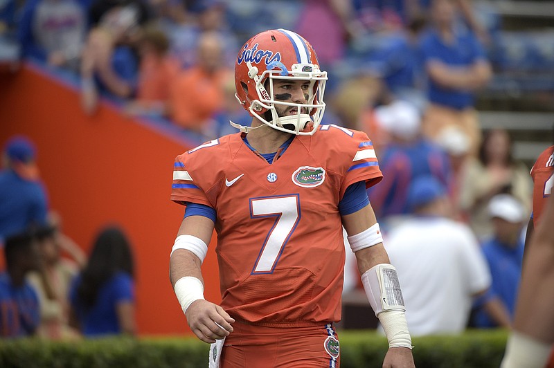 Florida quarterback Will Grier (7) warms up before an NCAA college football game against Mississippi on Saturday, Oct. 3, 2015, in Gainesville, Fla.