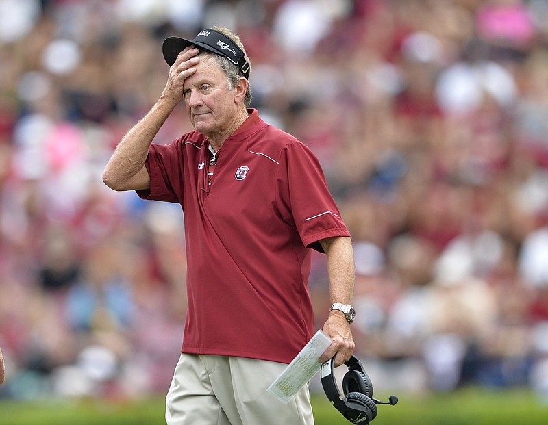South Carolina head coach Steve Spurrier reacts to a play during the second half of an NCAA college football game against Central Florida, Saturday, Sept. 26, 2015, in Columbia, S.C.