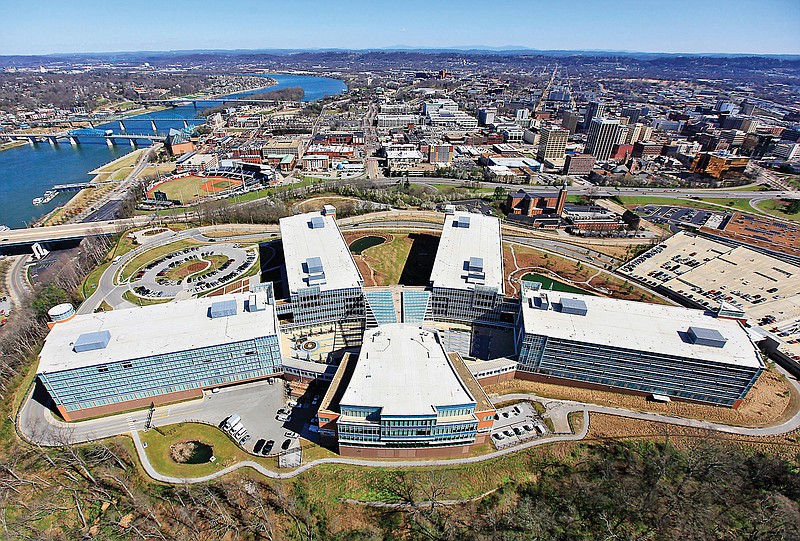 The Chattanooga headquarters of BlueCross BlueShield of Tennessee is shown in an aerial view.