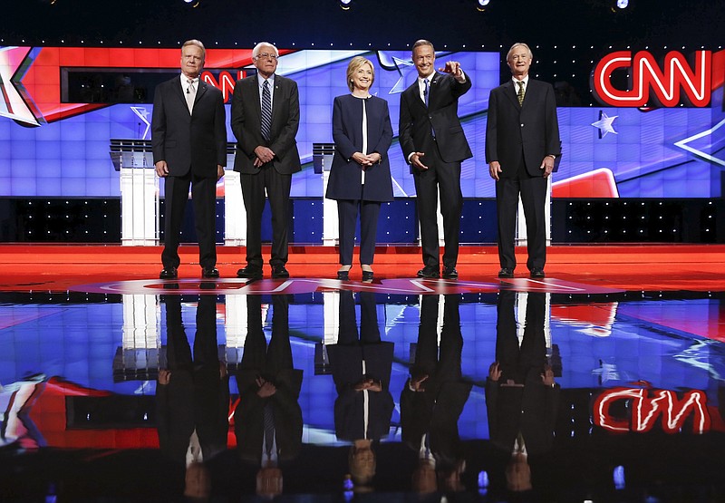 Democratic presidential hopefuls, from left, Jim Webb, Bernie Sanders, Hillary Rodham Clinton, Martin O'Malley and Lincoln Chafee, held the stage at the Democratic presidential debate hosted Tuesday by CNN in Las Vegas.