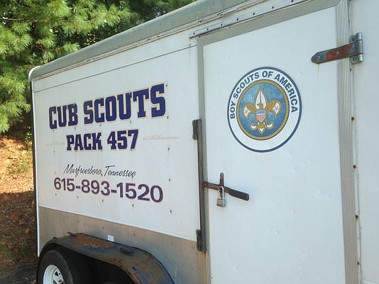 This Cub Scouts Pack 457 trailer sits in the parking lot of North Boulevard Church of Christ. The church elders have asked the Boy Scouts and Cub Scouts to relocate in response to the national youth organization deciding to accept gay adult leaders.