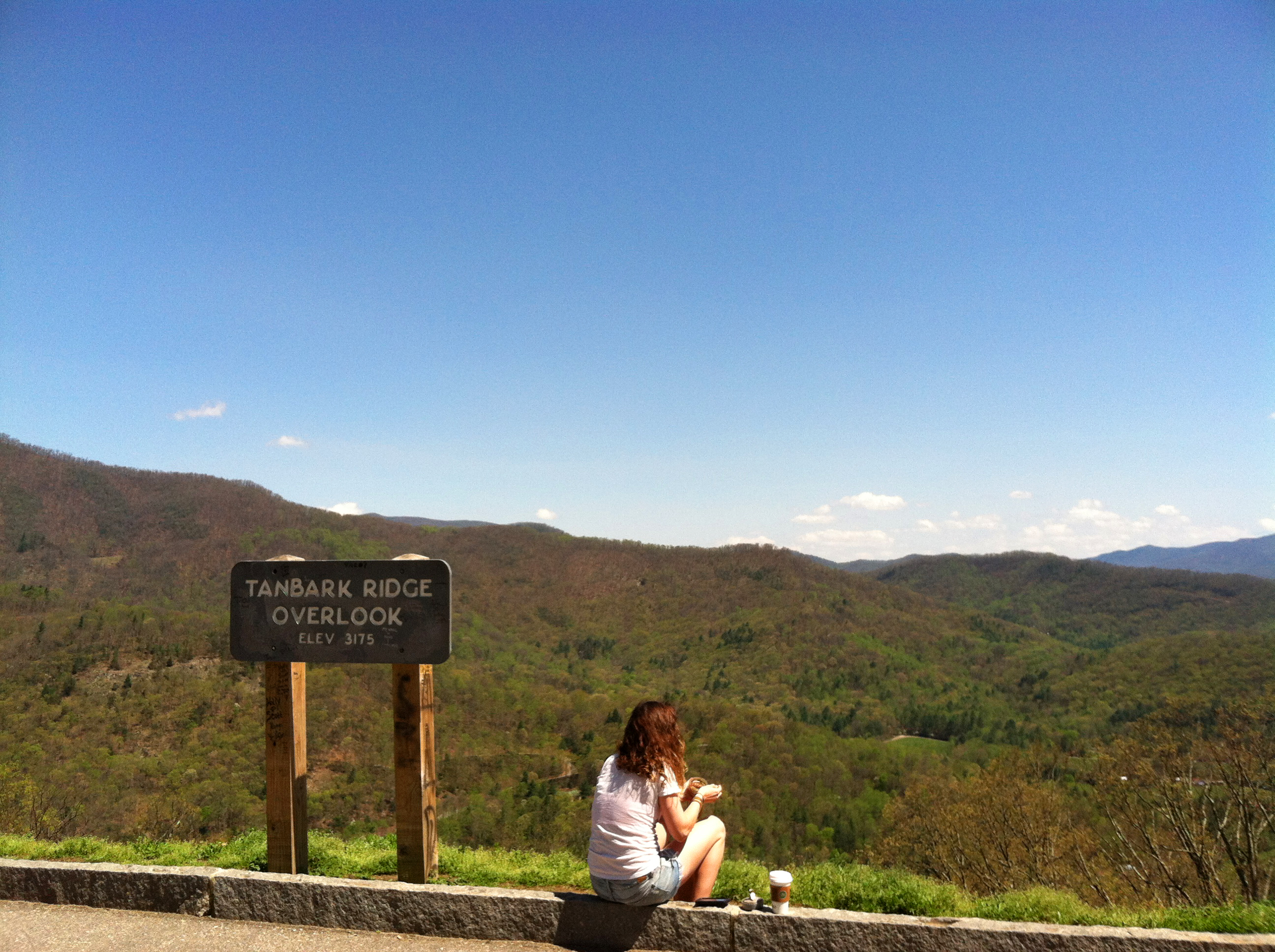 This April 21, 2015 photo shows a visitor taking in the scenery at the Tanbark Ridge Overlook on the Blue Ridge Parkway near Asheville, N.C. Asheville offers a variety of urban attractions from an arts district to a booming restaurant scene, but its location in Western North Carolina also offers easy access to the great outdoors. (AP Photo/Beth J. Harpaz)