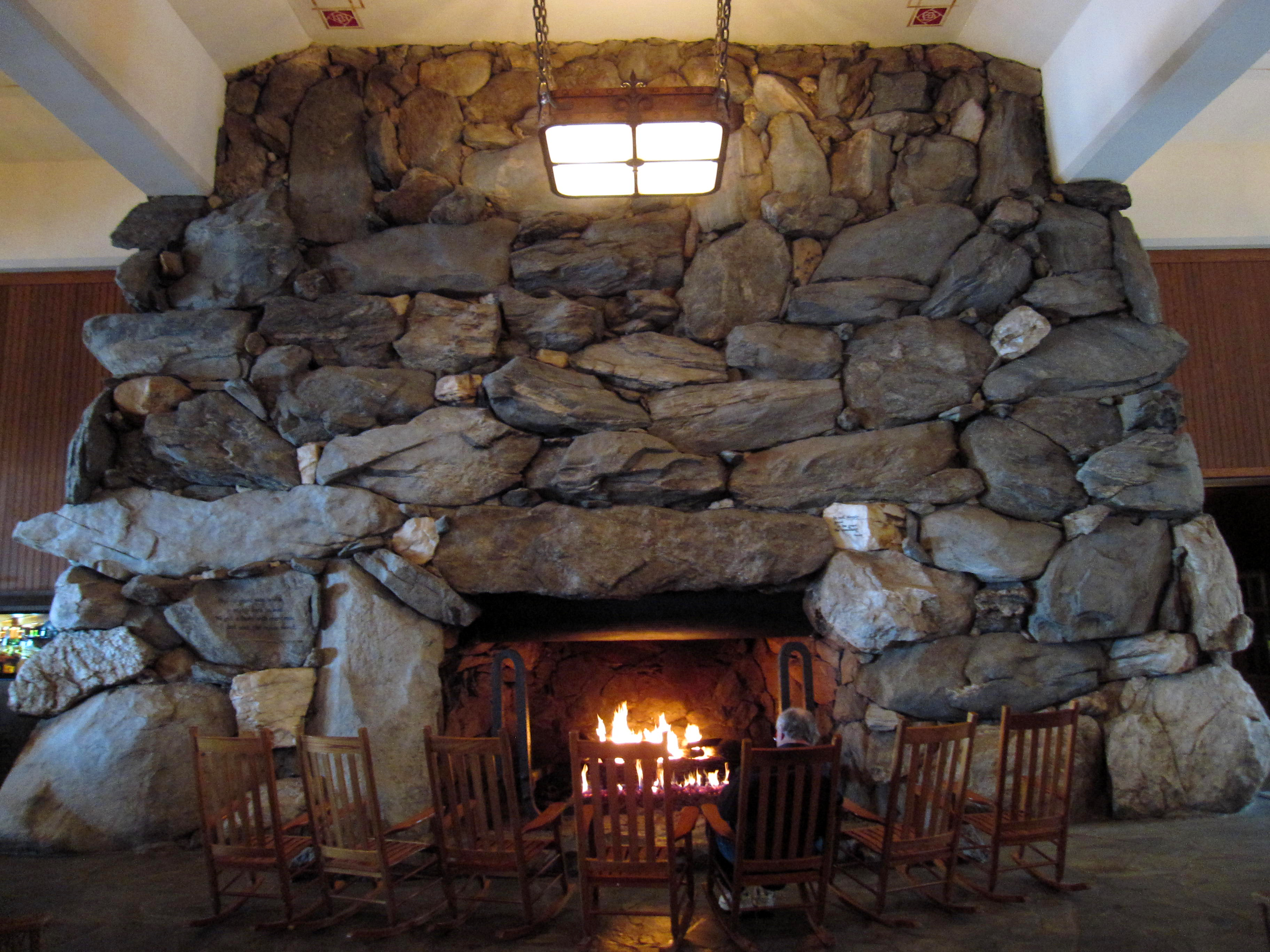 Rocking chairs sit n front of the massive stone fireplace in the lobby of the Grove Park Inn in Asheville, N.C. The inn opened in 1913 as a resort in an era when many visitors came to Asheville to seek healthy mountain air. It has hosted celebrities ranging from presidents to writer F. Scott Fitzgerald.